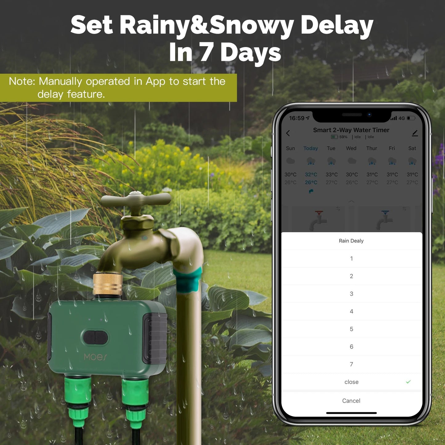 MOES Bluetooth Smart Water Timer | 2-Zone Valve, Auto Irrigation, Rain Delay