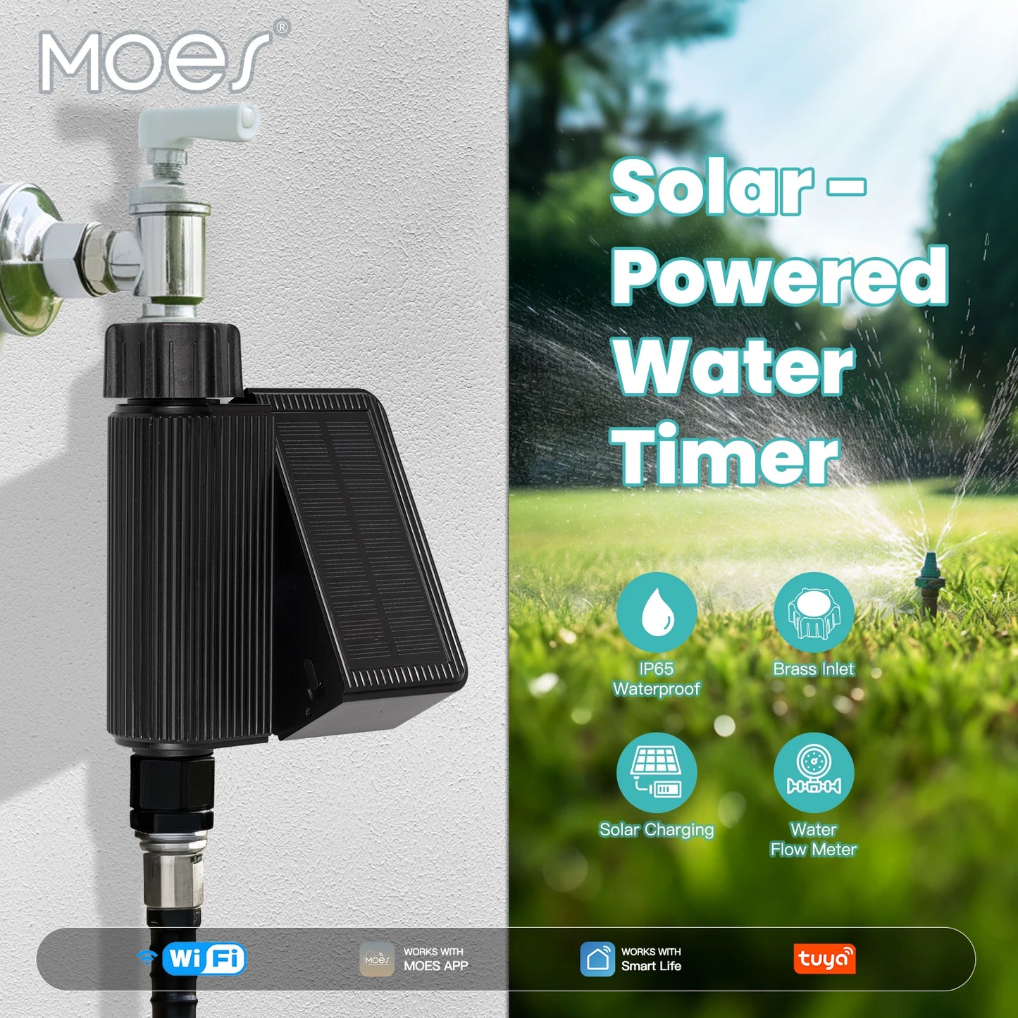 MOES Tuya Smart Solar Water Timer – WiFi Irrigation Controller with Soil Sensor & Brass Inlet (IP65)