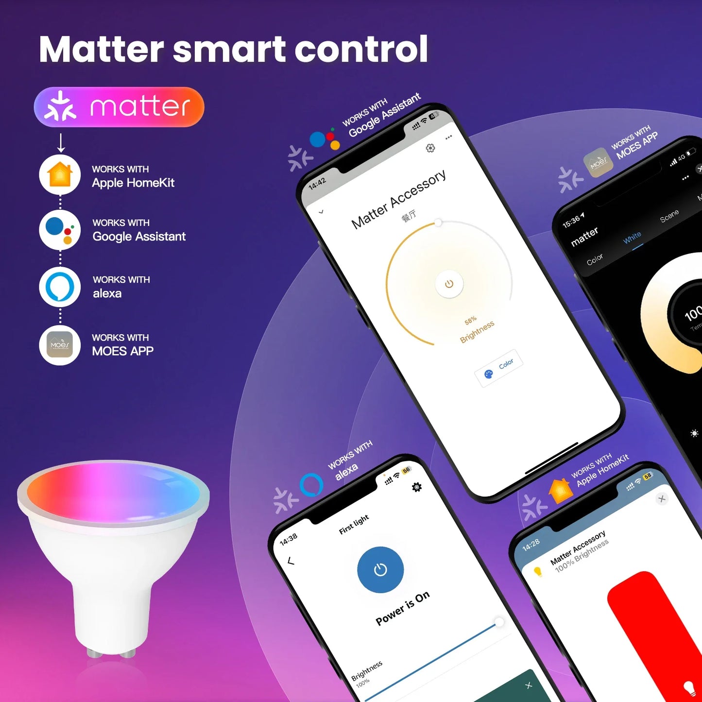 MOES Matter WiFi Smart Bulb GU10 | RGB+C+W 16M Colors, Dimmable, Voice Control
