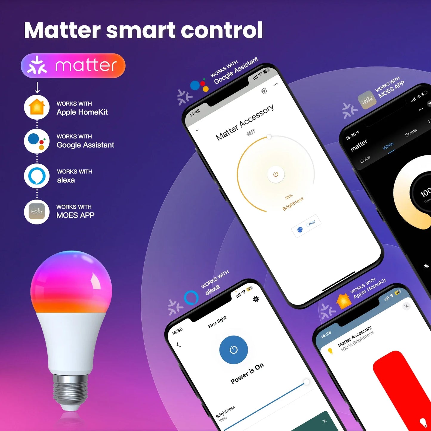 MOES Matter WiFi Smart Bulb | RGB 16M Colors, E27 LED, Voice Control