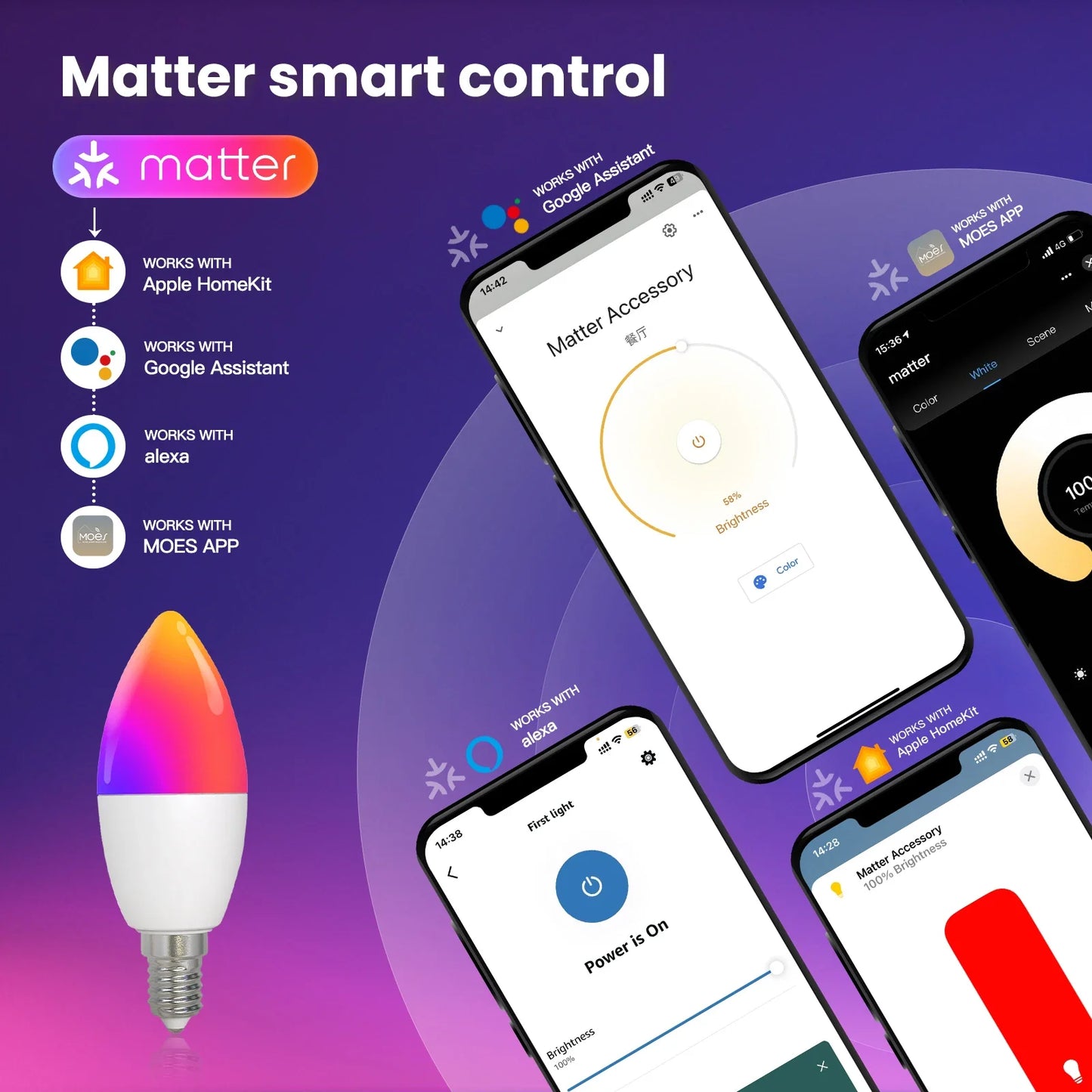 MOES Matter WiFi Smart Bulb | RGB 16M Colors, E14 Candle Lamp, Voice Control
