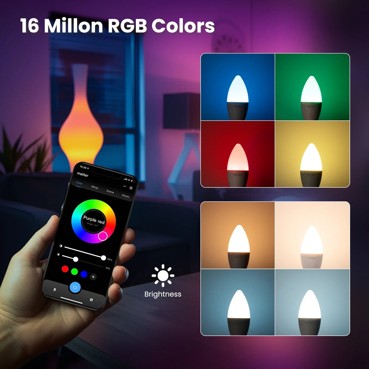 MOES Matter WiFi Smart Bulb | RGB 16M Colors, E14 Candle Lamp, Voice Control