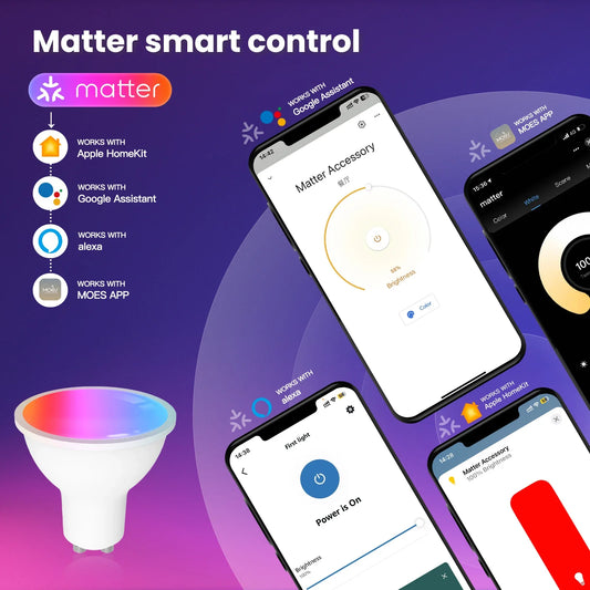 MOES Matter WiFi Smart Bulb GU10 | RGB+C+W 16M Colors, Dimmable, Voice Control