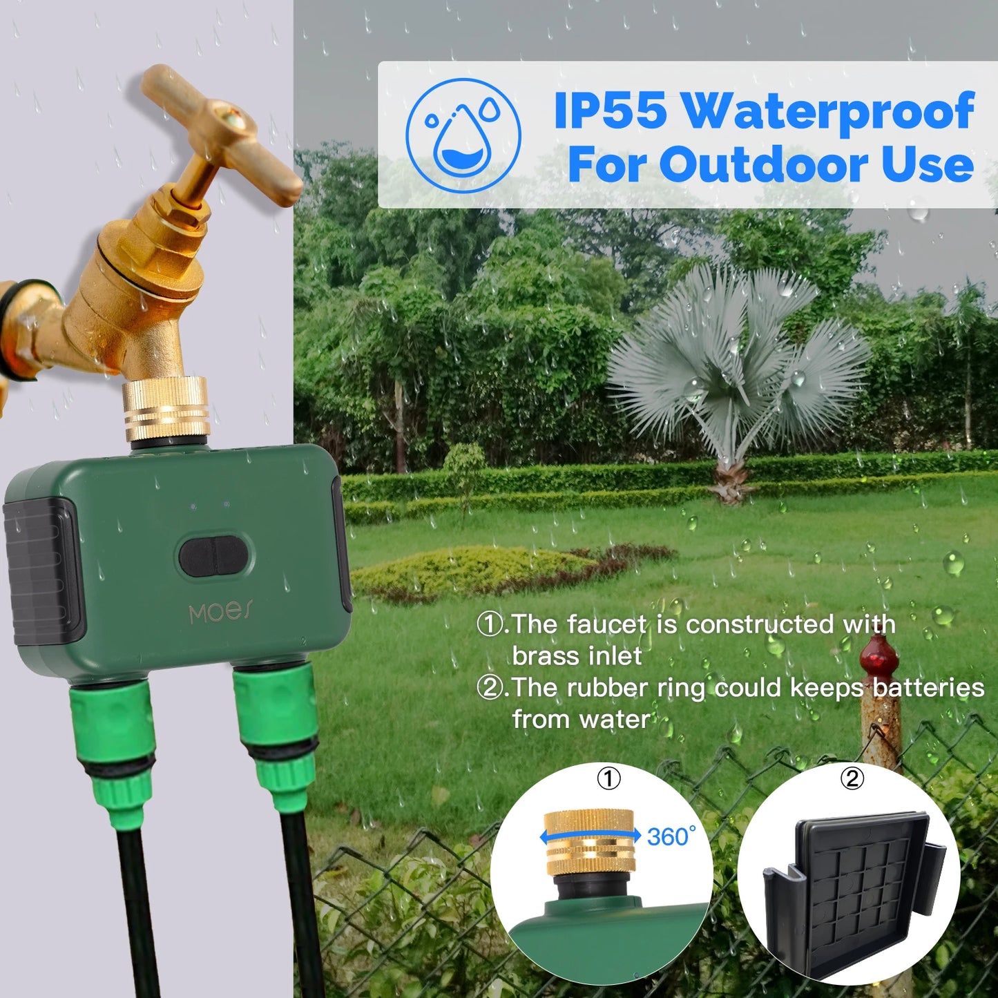 MOES Bluetooth Smart Water Timer | 2-Zone Valve, Auto Irrigation, Rain Delay