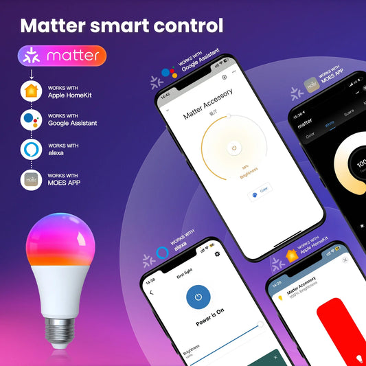 MOES Matter WiFi Smart Bulb | RGB 16M Colors, E27 LED, Voice Control