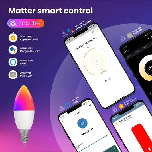 MOES Matter WiFi Smart Bulb | RGB 16M Colors, E14 Candle Lamp, Voice Control
