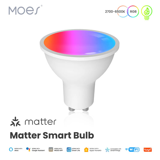 MOES Matter WiFi Smart Bulb GU10 | RGB+C+W 16M Colors, Dimmable, Voice Control