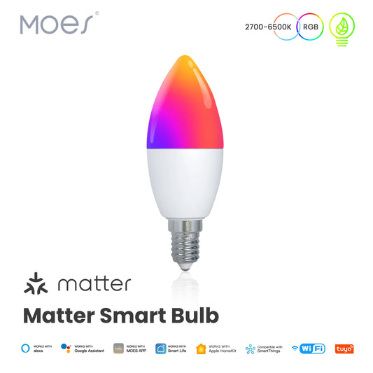 MOES Matter WiFi Smart Bulb | RGB 16M Colors, E14 Candle Lamp, Voice Control